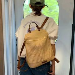 Cyflymder Fashion Beige Woven Backpack Women Solid Color Large Capacity Lightweight Handbag Daypack Ladies Casual Commuter Mochilas Mujer