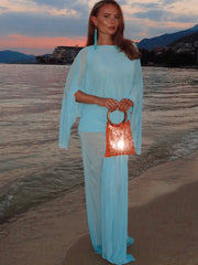 Cyflymder Batwing Sleeve Ruched Elegant Long Dress Woman Autumn Trend Sexy See Through o-Neck Backless Beach Style Chic Vestidos