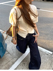 Cyflymder Women Wide Leg Jeans Deep Blue High Waist Baggy Pants Streetwear Loose Fit Denim Trousers Cool Girl Casual Straight Leg