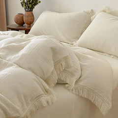Cyflymder Vintage French Wrinkled Yarn Tassel Edge Bedding Set 100% Cotton Double Layer Yarn Duvet Cover Bed Sheet/Fitted Sheet Pillowcase