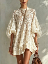 Cyflymder Women Floral Lace Solid Mini Dress O Neck Puff Lantern Sleeve Loose Flowy Sheer Dress Casual Boho Beach Holiday Ruffle Hem Dress