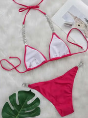 Cyflymder Shiny Diamond Party Bikini Two-Piece Set Women's Sexy Solid Color Lace-up Swimwear Beach Female Summer New