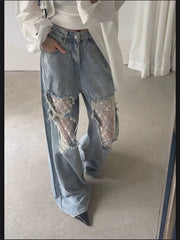 Cyflymder Summer Women's Large Hole Patchwork Lace Jeans High Waist Wide Legs Trousers Cool Girl Casual Bottoms Female Denim Pants