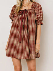 Cyflymder Elegant Plaid Summer Dress with Square Neckline and Puff Sleeves Perfect for Daily Wear and Travel Outfits