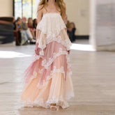 Cyflymder Pink White Lace Tiered Maxi Dress For Women Sleeveless Spaghetti Strap Ruffle Flowy Bohemian Summer Vacation Beach Prom Dress
