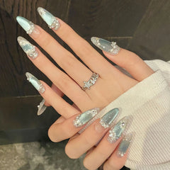 Cyflymder 10Pcs Blue Cat's Eye Handmade Fake Nails Flower Pearl Rhinestone False Nails Press on Long Round Reusable Full Cover Nails Tips