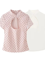 Cyflymder Women's Pink Polka Dot Cut Out Neck Crop Shirt Elegant Short Sleeve Ruched Fitted Blouse Ladies Office Daily Streetwear Top