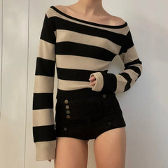 Cyflymder Euramerican Elegant O Neck Long Sleeve Lazy Sweaters Y2k Constrast Color Stripeddesign Women Punk Pullover Harajuku Basic Jumper