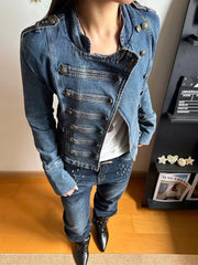 Cyflymder New American Retro Y2K Millennium Aesthetic Women's Denim Cardigan Jacket Double-breasted High-neck Napoleon Style Outwear