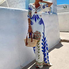 Cyflymder Leisure Double V Lace Up Party Dress Stylish 3/4 Sleeve Beach Long Dress for Women Summer Backless Pattern Print Vacation Dress