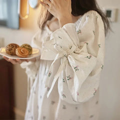 Cyflymder Women Sweet Printed Full Sleeves Nightdress French Sexy Loose Long Mid-Calf Nightgowns 100% Cotton Comfortable Sleepwear Nightie