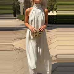 Cyflymder Ladies Fashion Turtleneck Lace-up Long Dress Spring Casual Solid Pleated Evening Dress Summer Sleeveless Streetwear Maxi Dresses