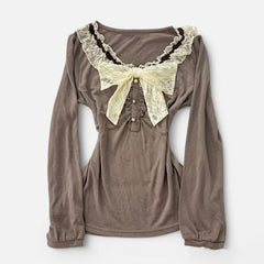 Cyflymder American Elegant Spliced Lace O Neck Bow Design Woemn T Shirts Y2k Aesthetic Vintage Spliced Pleated Clothes Harajuku Punk Tops