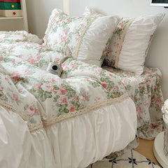 Cyflymder Korean Style Flowers Printing Bedding Set 100% Cotton Princess Lace Ruffles Duvet Cover Bed Skirt Pillowcases Girls Bedclothes