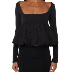 Cyflymder Women's Elegant Bubble Bud Shirts Tops Backless Frill Hem Square Neck Long Sleeve Crop Tops for Daily Work Office Fashion Tees
