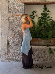 Cyflymder Lace Cutout One Shoulder Tops Asymmetrical Collar Backless Tie Back Irregular Hem Sexy Vest Lady Summer New Vacation Casual Wear