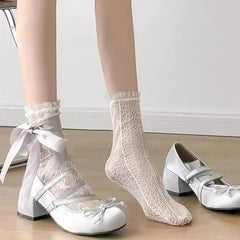 Cyflymder Lolita Cross Strap Pink Round Toe Shoes Ladies Sweet Butterfly Knot Med Heels Mary Janes Shoes Women Fashion Party Shoes Mujer