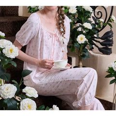Cyflymder Spring and Summer Little Fresh Girl Printed Pajamas Breathable Cotton and Silk Bubble Sleeves Bloomers Loungewear Set