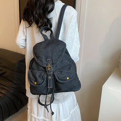 Cyflymder Korean denim backpack female new large capacity multi-pocket bucket bag student commuting travel bagpack drawstring rucksack sac
