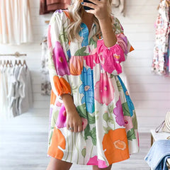 Cyflymder Boho Summer Floral Sundresses Y2k T-Shirt Mini Dresses for Women Casual Flowy Puff Sleeve Beach Short Babydoll Dress