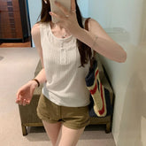 Cyflymder Summer Elegant Design Loose Knitted Vest Women's Thin Button up Top Outerwear Short Shirt Casual Fashion Minimalist Style