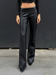 Cyflymder Street Style Faux Leather Pants Women Fashion Black Folded Waist Slim Fit Basic Trousers Autumn Winter Long Flare Pants