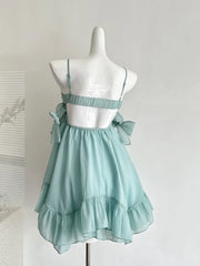 Cyflymder Japanese Sweet Mint Green Chiffon Mini Dress Women Fairycore Strap Bow Ruffle Dresses New Fashion Cute Princess Clothing