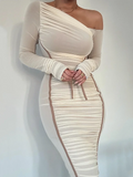 Cyflymder Diagonal Collar Long Sleeve Midi Dress For Women Two Layer Mesh Backless Ruched Bodycon Club Party Sexy Long Dress