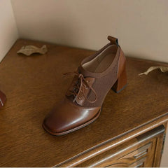 Cyflymder New Thick Heel High Heels Women's Spring and Autumn Naked Boots Brown Knitted British Style Lace up Small Leather Shoes