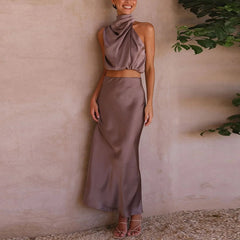 Cyflymder Women's Summer Formal Satin Mock Neck Sleeveless Tank Skirt Two-piece Suit Vacation Crop Top And Long Skirt Matching Sets
