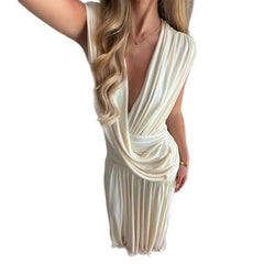 Cyflymder Spring Women's Clothing Deep V Neck Long Sleeveless Dress For Slim Fit High Waist Irregular Ruffle Knit Polyester Maxi