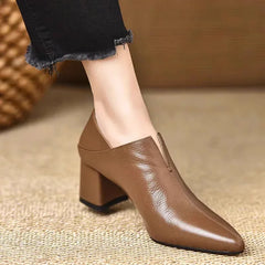 Cyflymder Comfortable Black Soft Leather 5.5cm High Heels Pointed Toe Chunky Heel Women's Shoes Versatile Deep Mouth Single Shoes