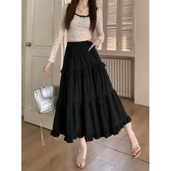 Cyflymder Sweetwhitecake Slimming High-Waisted A- Line Skirt For Women Medium-Length Wood-Ear Edge Joining Summer Autumn Season