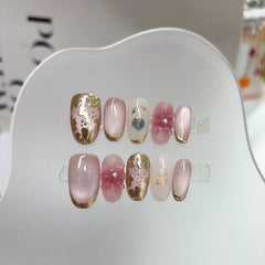Cyflymder 10PCS Glossy 3D Carved Flowers Handmade Short Oval False Nail Pink Cat Eye with Golden Pattern Wearable Press on Nails Art Tools