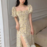 Cyflymder Elegant Square Collar Long Dress Women's Clothing Fashionable Drawstring Summer French Style Broken Flowers A-Line Waist Dresses