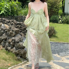 Cyflymder Elegant V-neck Straps Vintage Sleeveless Chic Asymmetrical Ruffles Backless Slim Dresses French Vacation Women Fashion Clothing