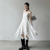 Cyflymder Korean Style Irregular Lace Patchwork Hem Dresses Women Spring Summer Fairy White Spaghetti Strap Beach Midi Dress Chic