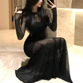 Cyflymder Fashion Gauze Patchwork Slim Dresses Female Clothing Solid Color Spring Summer New Aura Bag Hip Elegant Waist Vintage Long Dress