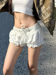 Cyflymder Sweet Plaid Lace Trim Shorts Casual Loose Bandage Patchwork Low-Waisted Shorts Women 2025 Summer Fashion Streetwear Lady