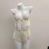 Cyflymder French Sexy Women's Pajamas Sling Sleep Tops with Lace-up Shorts Two-piece Underwear Set Ice Silk Temptation Lingerie Summer