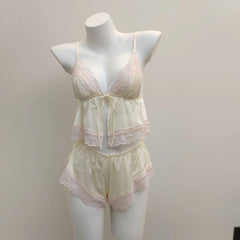Cyflymder French Sexy Women's Pajamas Sling Sleep Tops with Lace-up Shorts Two-piece Underwear Set Ice Silk Temptation Lingerie Summer