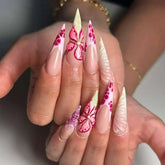 Cyflymder 24Pcs French Gradient Water Ripple Press on Fake Nails Long Stiletto Reusable False Nails with 3D Red Flower Smudge Manicure Tip