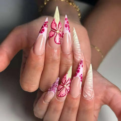 Cyflymder 24Pcs French Gradient Water Ripple Press on Fake Nails Long Stiletto Reusable False Nails with 3D Red Flower Smudge Manicure Tip