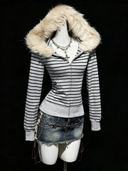 Cyflymder Retro Y2K Striped Zipper Hoodie High Street Hat Slim Fit Long Sleeved Pocket Aesthetic Streetwear Jacket Punk Gothic Style