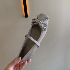 Cyflymder French Rhinestone Bow Square Head Satin Single Shoes Women's 2025 New Versatile One-word Belt Ballet Shoes