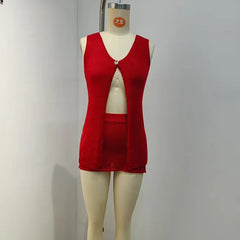 Cyflymder Fashion One Button Cardigans & Skirts Set Sexy Hot Girl Sleeveless Sequins Knitted 2pc New Hollow Out V-neck Solid Vacation Sets