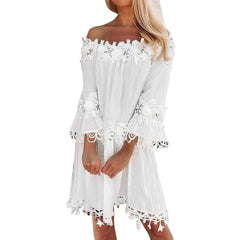 Cyflymder Floral Embroidery Summer Dress Women Lace White Boho Dress Off Shoulder Strapless Low Back Flare Long Sleeve Casual Short Dress