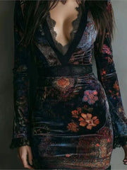 Cyflymder Spring Autumn Winter Dress Women Long Sleeve V-Neck Flower Printing Sexy Elegant Evening Party Skinny Stretch Mini Bodycon