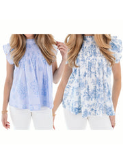 Cyflymder Women s Summer Floral Print Ruffled Sleeve Blouse Casual Pleated T-Shirt with Flutter Sleeves for Chic Street Style Fashion