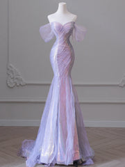 Cyflymder Purple Laser Sequin Beaded Mermaid Women Evening Dress with Puff Sleeves Tassel Pearls Tulle Train Prom Gown